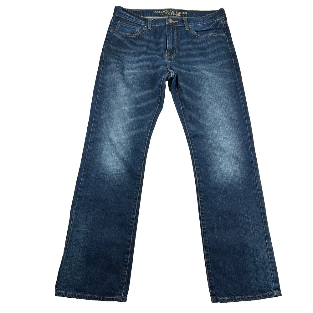 American Eagle Jeans Mens 32x32 Original Straight Dark Wash Whiskered Classic